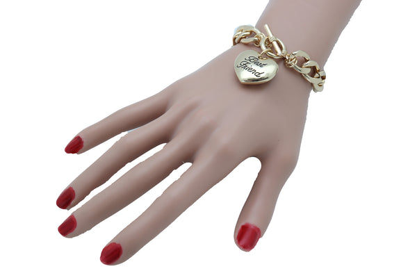 Women Bangle Bracelet Gold Metal Chain Heart Charm Fashion Jewelry Best Friend Love