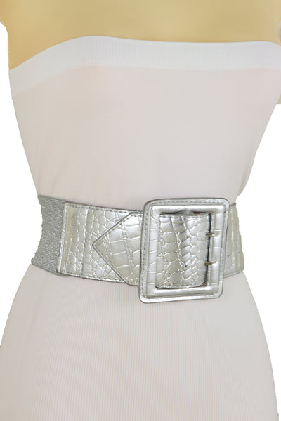 Brand New Women Hip Waist Silver Faux Leather Wide Elastic Belt Big Square Buckle M L XL