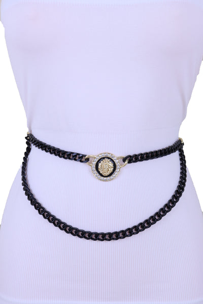 Sexy Look Women Fashion Belt Hip Waist Black Gold Metal Chain Bling Lion Charm Size M L XL