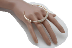 Chic Women Knuckle Ring Wide Gold Bling Half Moon Rhinestones Jewelry Size 7