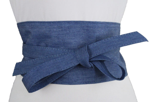 Women Waist Fashion Denim Blue Fabric Wrap Around Corset Kimono Tie Belt S M L