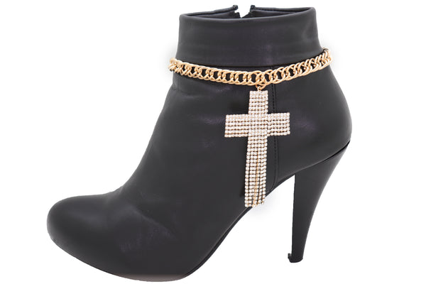 Brand New Women Gold Metal Chain Boot Bracelet Shoe Bling Cross Charm Religious Jewelry