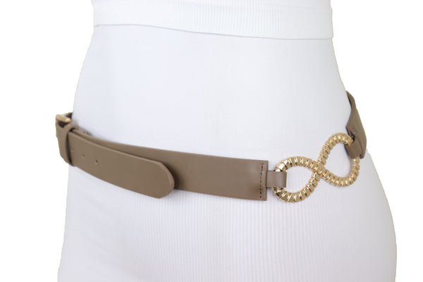 Brand New Women Brown Taupe Faux Leather Fashion Belt Gold Metal Buckle Infinity Charm S M