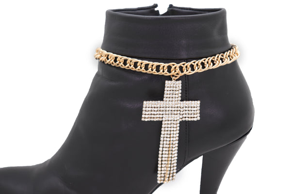 Brand New Women Gold Metal Chain Boot Bracelet Shoe Bling Cross Charm Religious Jewelry