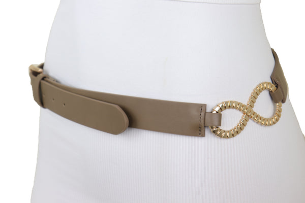 Brand New Women Brown Taupe Faux Leather Fashion Belt Gold Metal Buckle Infinity Charm S M