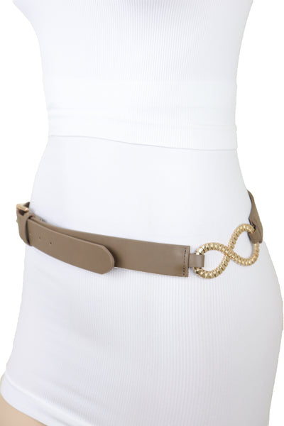 Brand New Women Brown Taupe Faux Leather Fashion Belt Gold Metal Buckle Infinity Charm S M