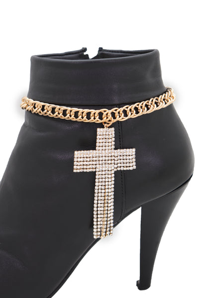 Brand New Women Gold Metal Chain Boot Bracelet Shoe Bling Cross Charm Religious Jewelry
