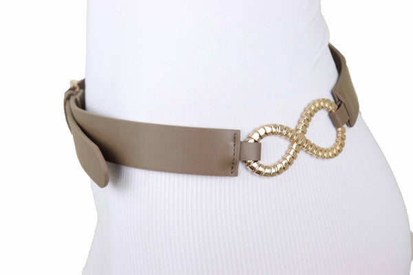 Brand New Women Brown Taupe Faux Leather Fashion Belt Gold Metal Buckle Infinity Charm S M