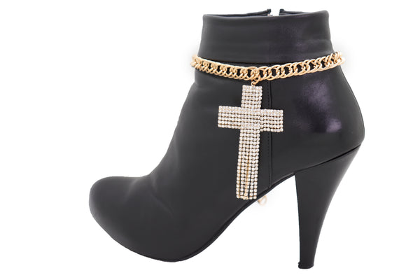 Brand New Women Gold Metal Chain Boot Bracelet Shoe Bling Cross Charm Religious Jewelry