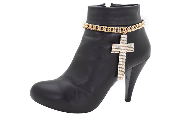 Brand New Women Gold Metal Chain Boot Bracelet Shoe Bling Cross Charm Religious Jewelry