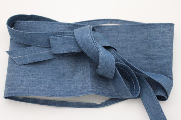 Women Waist Fashion Denim Blue Fabric Wrap Around Corset Kimono Tie Belt S M L