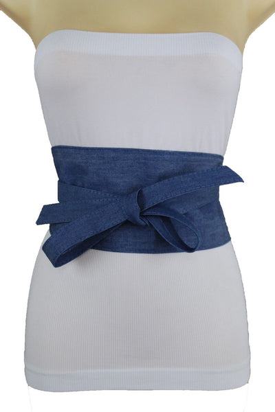 Women Waist Fashion Denim Blue Fabric Wrap Around Corset Kimono Tie Belt S M L