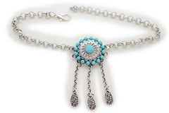 Silver Metal Chain Boot Bracelet Shoe Turquoise Blue Ethnic Flower Charm