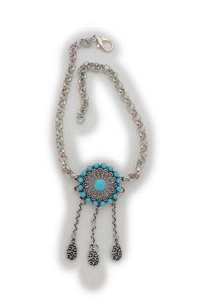 Brand New Women Silver Metal Chain Boot Bracelet Shoe Turquoise Blue Ethnic Flower Charm