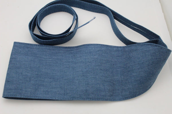 Women Waist Fashion Denim Blue Fabric Wrap Around Corset Kimono Tie Belt S M L
