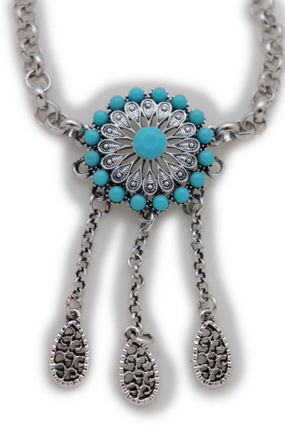 Brand New Women Silver Metal Chain Boot Bracelet Shoe Turquoise Blue Ethnic Flower Charm