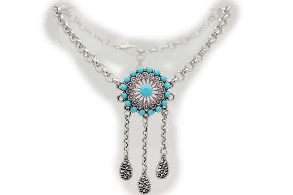 Brand New Women Silver Metal Chain Boot Bracelet Shoe Turquoise Blue Ethnic Flower Charm