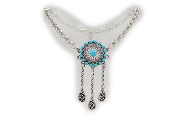 Brand New Women Silver Metal Chain Boot Bracelet Shoe Turquoise Blue Ethnic Flower Charm