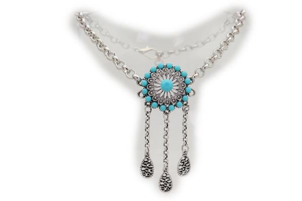 Brand New Women Silver Metal Chain Boot Bracelet Shoe Turquoise Blue Ethnic Flower Charm