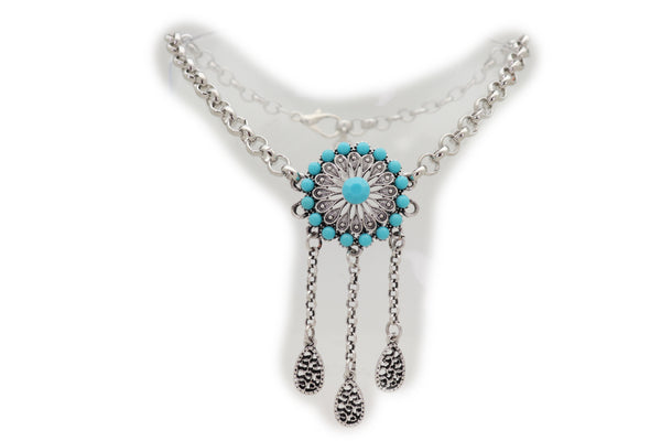Brand New Women Silver Metal Chain Boot Bracelet Shoe Turquoise Blue Ethnic Flower Charm