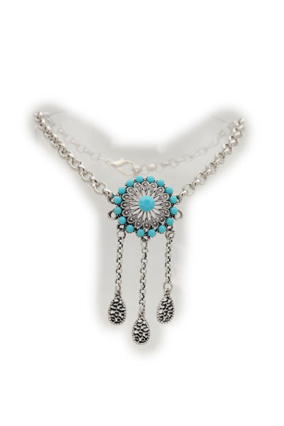 Brand New Women Silver Metal Chain Boot Bracelet Shoe Turquoise Blue Ethnic Flower Charm