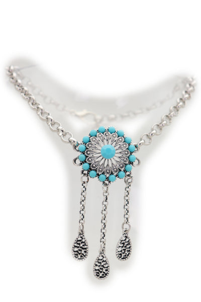 Brand New Women Silver Metal Chain Boot Bracelet Shoe Turquoise Blue Ethnic Flower Charm