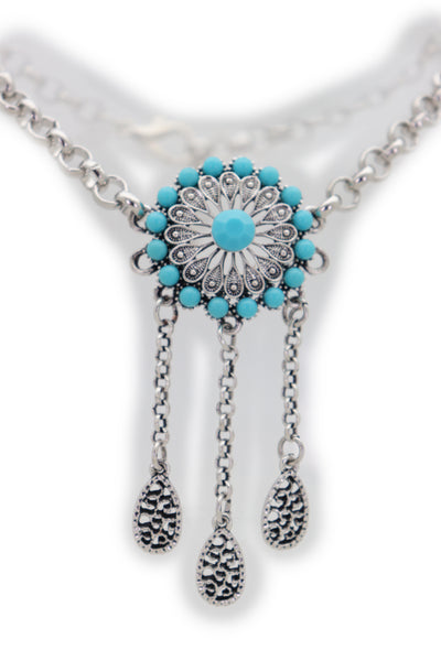 Brand New Women Silver Metal Chain Boot Bracelet Shoe Turquoise Blue Ethnic Flower Charm