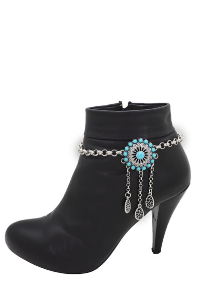 Brand New Women Silver Metal Chain Boot Bracelet Shoe Turquoise Blue Ethnic Flower Charm