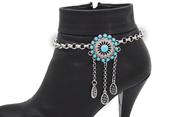 Brand New Women Silver Metal Chain Boot Bracelet Shoe Turquoise Blue Ethnic Flower Charm