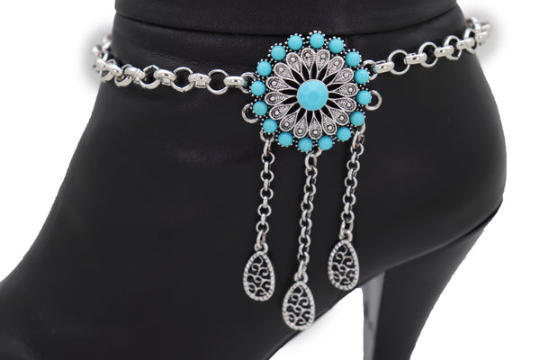 Brand New Women Silver Metal Chain Boot Bracelet Shoe Turquoise Blue Ethnic Flower Charm