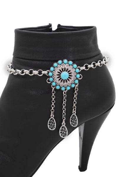 Brand New Women Silver Metal Chain Boot Bracelet Shoe Turquoise Blue Ethnic Flower Charm