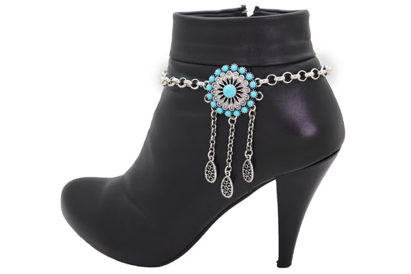 Brand New Women Silver Metal Chain Boot Bracelet Shoe Turquoise Blue Ethnic Flower Charm