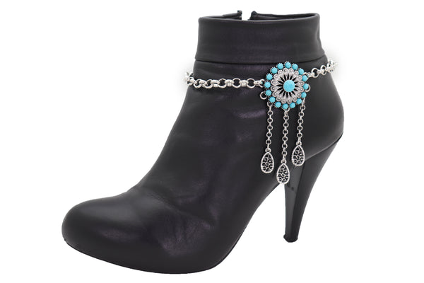 Brand New Women Silver Metal Chain Boot Bracelet Shoe Turquoise Blue Ethnic Flower Charm