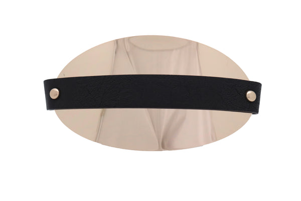 Brand New Women Black Elastic Wide Bling Fashion Belt Hip Waist Oval Gold Metal Plate S M