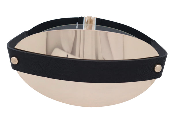 Brand New Women Black Elastic Wide Bling Fashion Belt Hip Waist Oval Gold Metal Plate S M