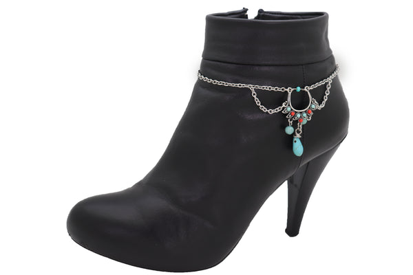 Women Silver Metal Chain Western Boot Bracelet Shoe Ethnic Turquoise Beads Charm