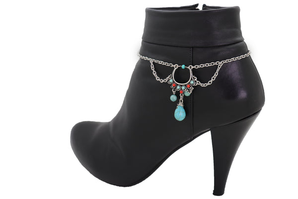 Women Silver Metal Chain Western Boot Bracelet Shoe Ethnic Turquoise Beads Charm