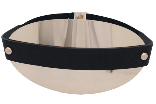 Brand New Women Black Elastic Wide Bling Fashion Belt Hip Waist Oval Gold Metal Plate S M