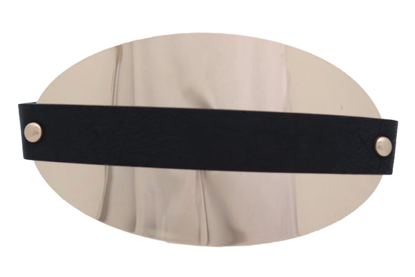 Brand New Women Black Elastic Wide Bling Fashion Belt Hip Waist Oval Gold Metal Plate S M