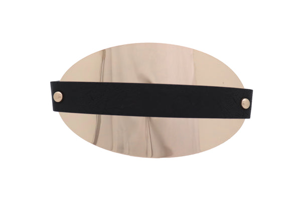Brand New Women Black Elastic Wide Bling Fashion Belt Hip Waist Oval Gold Metal Plate S M
