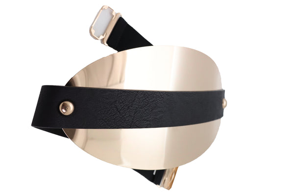 Brand New Women Black Elastic Wide Bling Fashion Belt Hip Waist Oval Gold Metal Plate S M