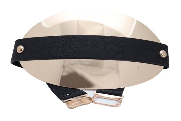 Brand New Women Black Elastic Wide Bling Fashion Belt Hip Waist Oval Gold Metal Plate S M