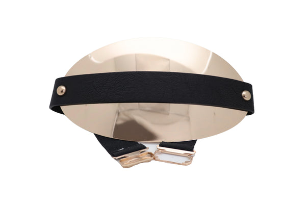 Brand New Women Black Elastic Wide Bling Fashion Belt Hip Waist Oval Gold Metal Plate S M