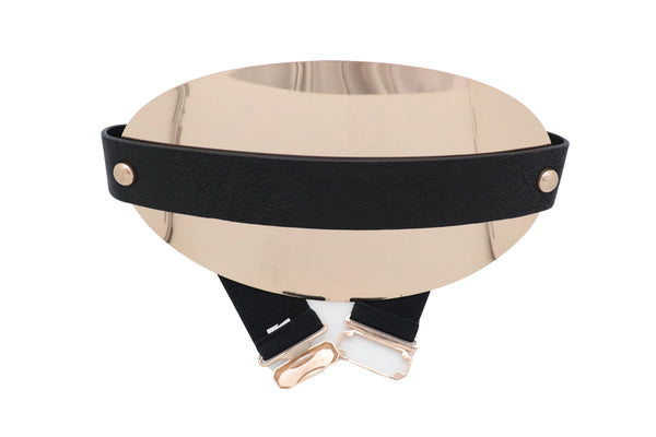 Brand New Women Black Elastic Wide Bling Fashion Belt Hip Waist Oval Gold Metal Plate S M