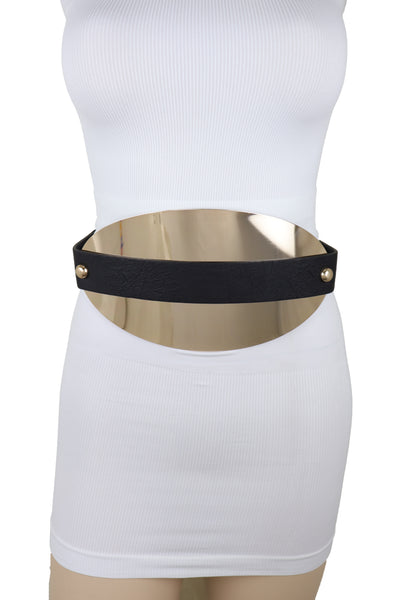 Brand New Women Black Elastic Wide Bling Fashion Belt Hip Waist Oval Gold Metal Plate S M