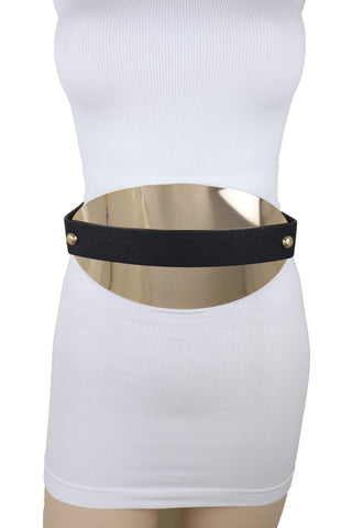 Brand New Women Black Elastic Wide Bling Fashion Belt Hip Waist Oval Gold Metal Plate S M
