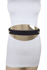 Black Elastic Wide Bling Fashion Belt Hip Waist Oval Gold Metal Plate S M