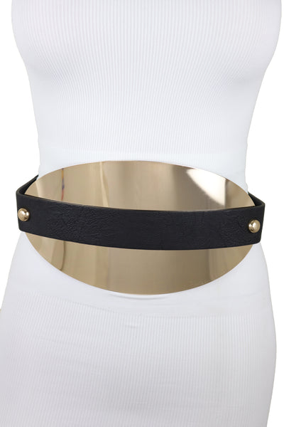 Brand New Women Black Elastic Wide Bling Fashion Belt Hip Waist Oval Gold Metal Plate S M