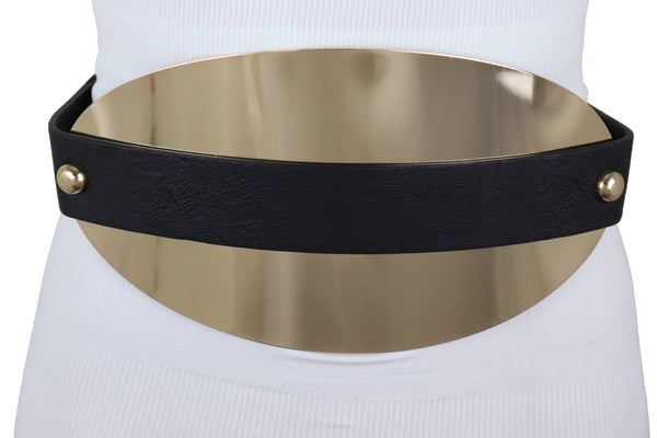 Brand New Women Black Elastic Wide Bling Fashion Belt Hip Waist Oval Gold Metal Plate S M