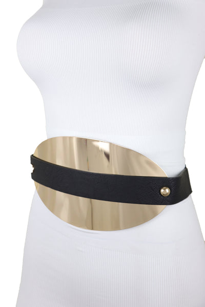 Brand New Women Black Elastic Wide Bling Fashion Belt Hip Waist Oval Gold Metal Plate S M